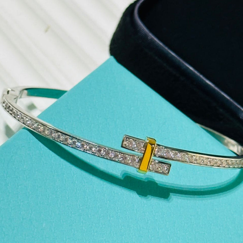 18K Celestial T Edge Hinged Bypass Bangle Bracelet