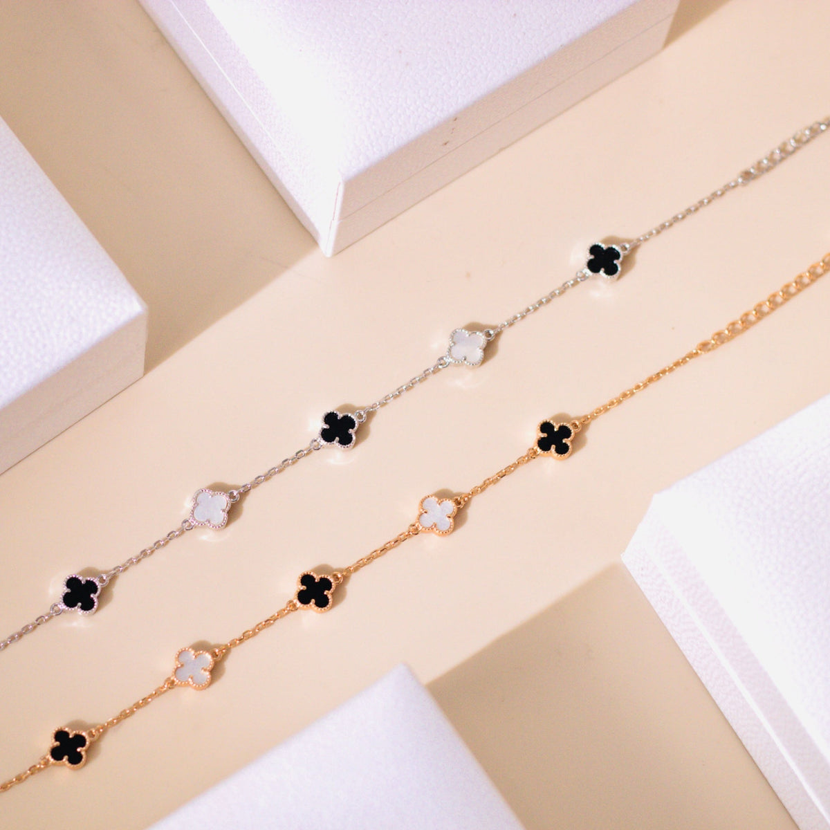 ELOREVA 18K Rose Gold & Platinum Plated Clover Bracelet – 925 Sterling Silver