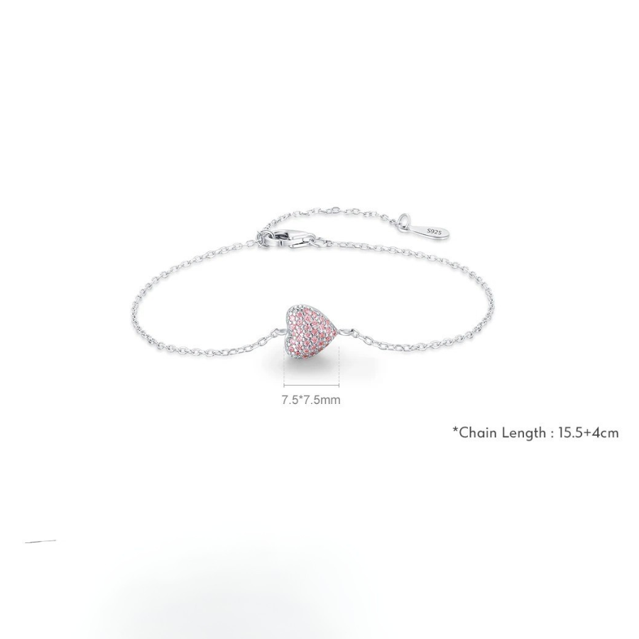 Romantic Pink Zircon Heart Bracelet – 925 Sterling Silver
