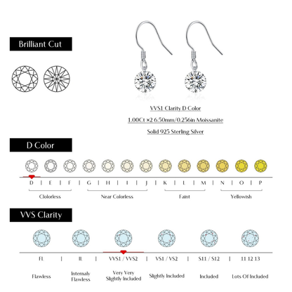1CT D Color Moissanite Hook Earrings – 925 Sterling Silver