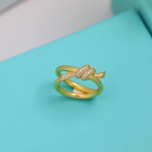 18K Celestial Yellow Gold Knot Double Row Diamonds Ring