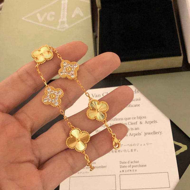 18K Celestial Vintage Alhambra Five Motifs Diamonds Clover Bracelet