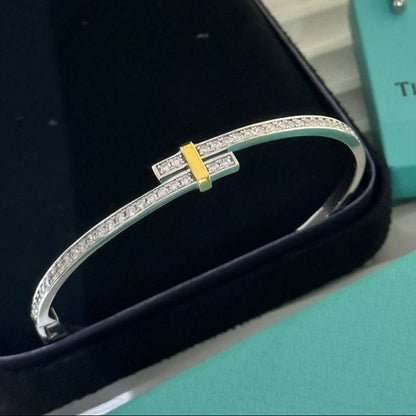 18K Celestial T Edge Hinged Bypass Bangle Bracelet