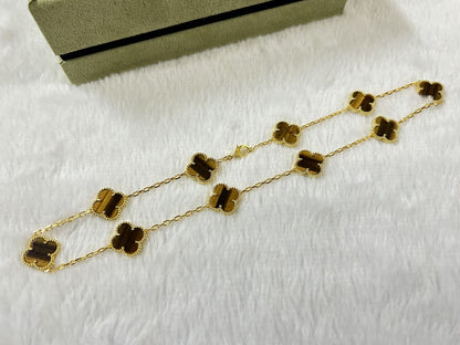 18K Celestial Vintage Alhambra Tiger Eye 10 Motifs Necklace