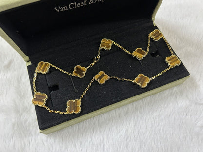 18K Celestial Vintage Alhambra Tiger Eye 10 Motifs Necklace