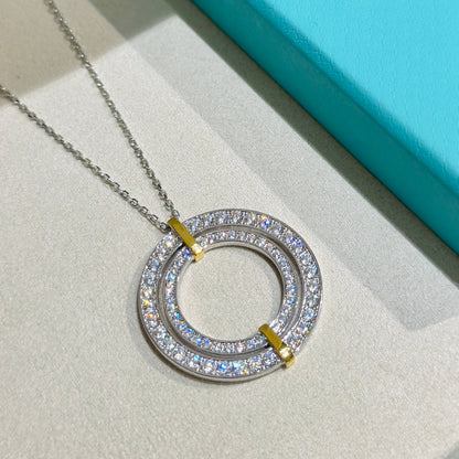 18K Celestial T Edge Circle Diamond Pendant Necklace