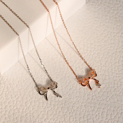 ELVORIA Tiny Bow Ahri Necklace – 18K Rose Gold & Platinum Plated 925 Sterling Silver