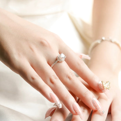 ELVORIA 6mm Moissanite Ten-Petal Flower Ring GRA ELVDA05 – Platinum Plated 925 Sterling Silver