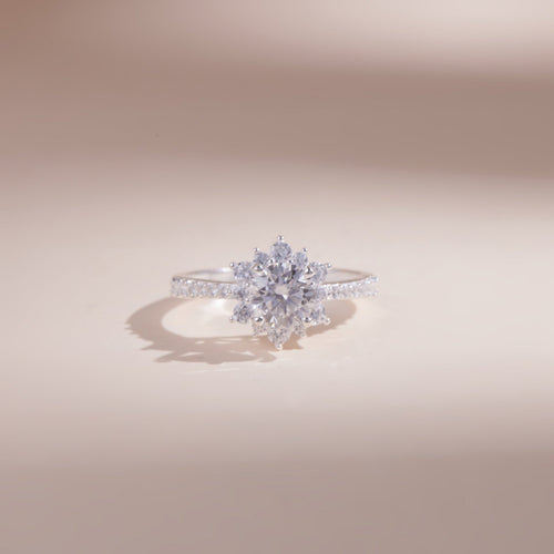 ELVORIA 6mm Moissanite Ten-Petal Flower Ring GRA ELVDA05 – Platinum Plated 925 Sterling Silver