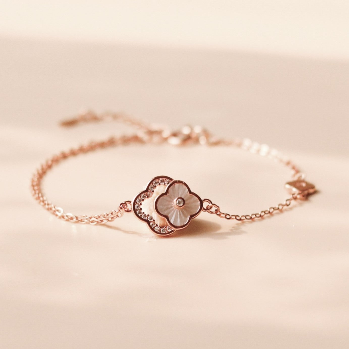 ELVORIA 18K Rose Gold Plated Four Leaf Clover Bracelet – 925 Sterling Silver