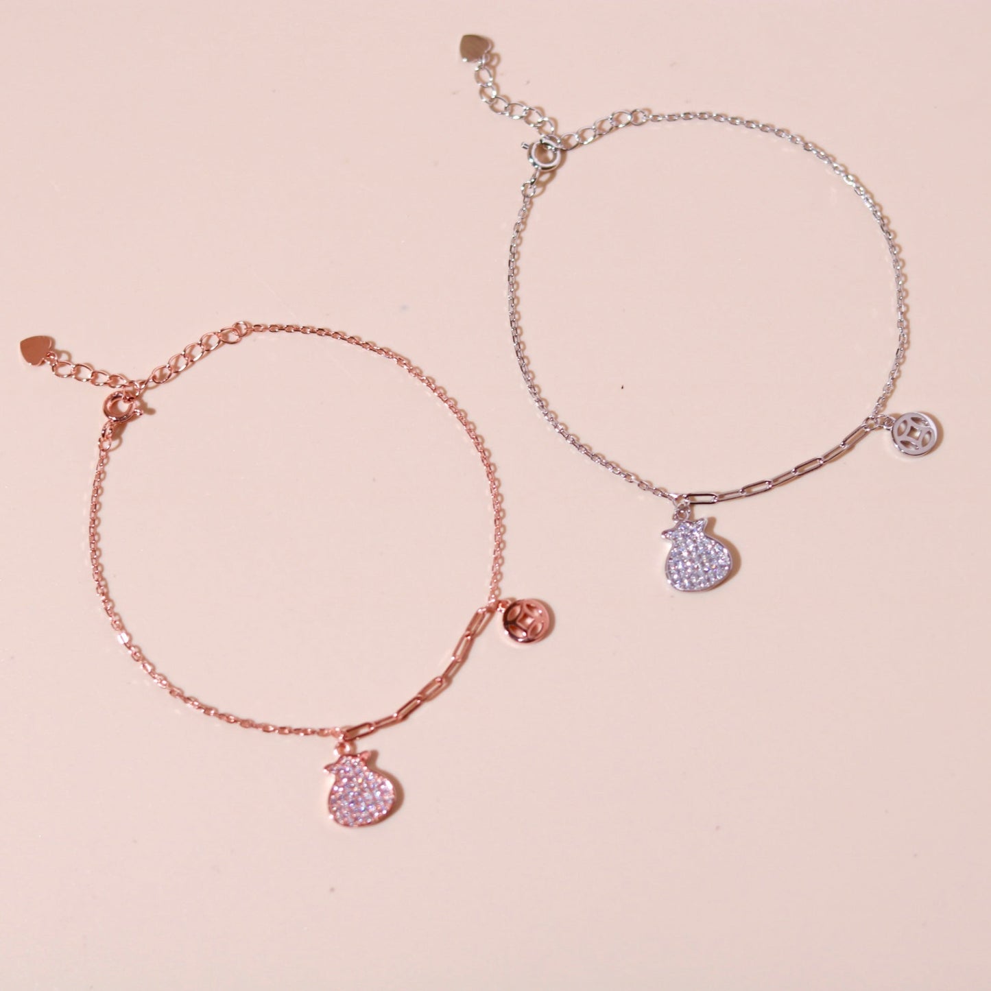 ELVORIA Lucky Coin Pouch Bracelet – Rose Gold & Platinum Plated 925 Sterling Silver