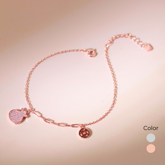ELVORIA Lucky Coin Pouch Bracelet – Rose Gold & Platinum Plated 925 Sterling Silver