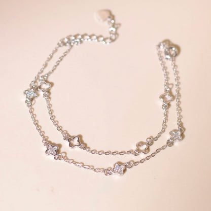 ELVORIA Hera Double-Chain Four-Leaf Clover Bracelet – Rose Gold & Platinum Plated 925 Sterling Silver