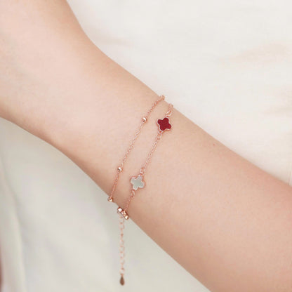 ELVORIA 18K Rose Gold Plated Ruby Clover Bracelet – 925 Sterling Silver