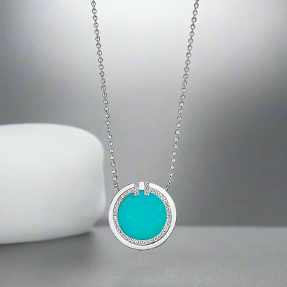 18K Celestial T Diamond & Turquoise Circle Pendant Necklace