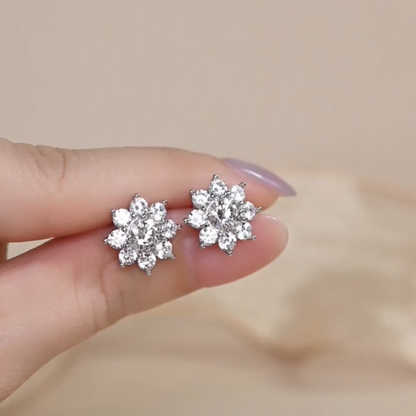 ELVORIA Shella Eight-Petal Flower Moissanite Earrings in 925 Sterling Silver – Platinum Finish